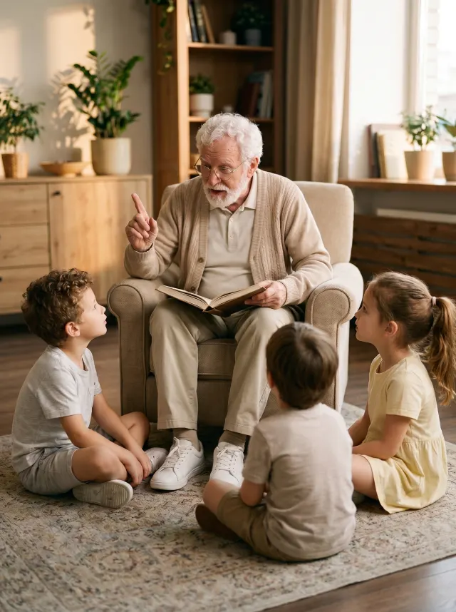 Photo originale du grand-père lisant à trois enfants dans le salon