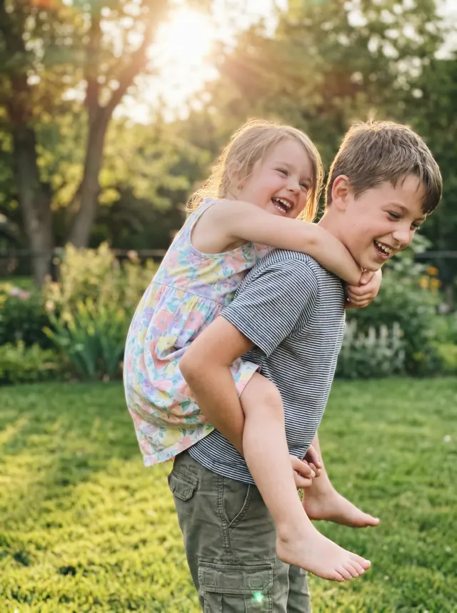 Photo originale du grand frère portant sa petite soeur dans le jardin