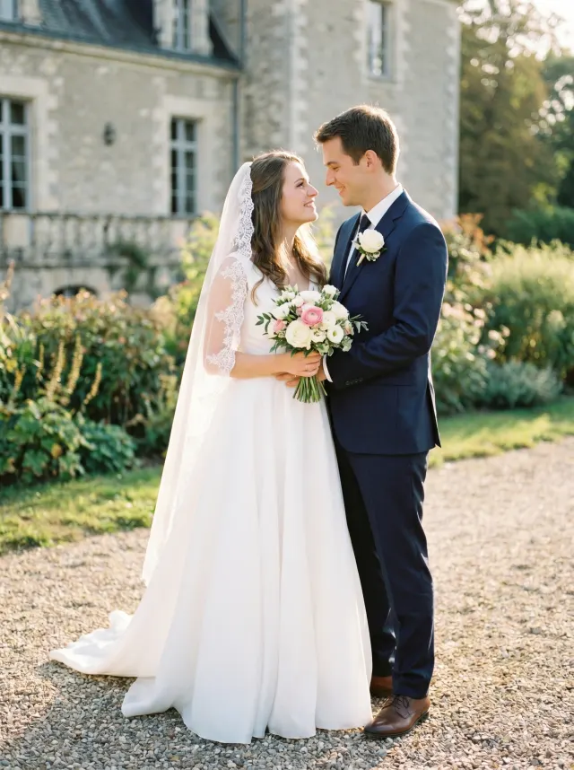 Photo originale du couple le jour de leur mariage, golden hour